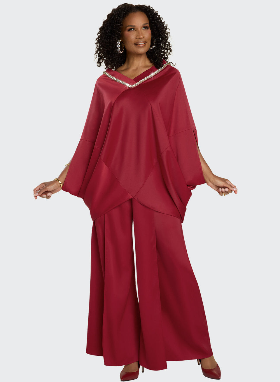 12244 Top & Pant Set - Sangria Red Donna Vinci